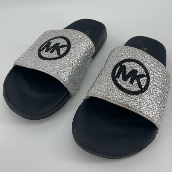 Michael Kors Girl’s Slide Sandals Silver Rhinestones MK Logo 3 - Picture 2 of 9